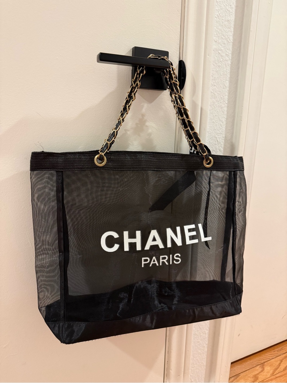 CHANEL Black Mesh Tote with Gold-Accented Chain Straps from Beauty Promo
